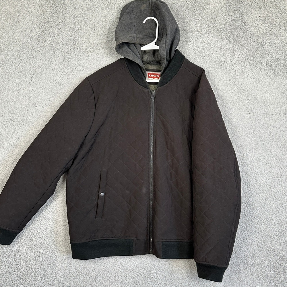 Levis Jacket Mens 2XL Big Tall Black Gray Quilted Hooded Stretch Pocket Full Zip